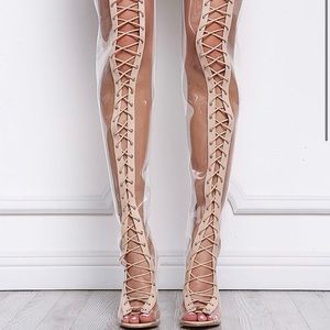 Clear thigh high lace up boots